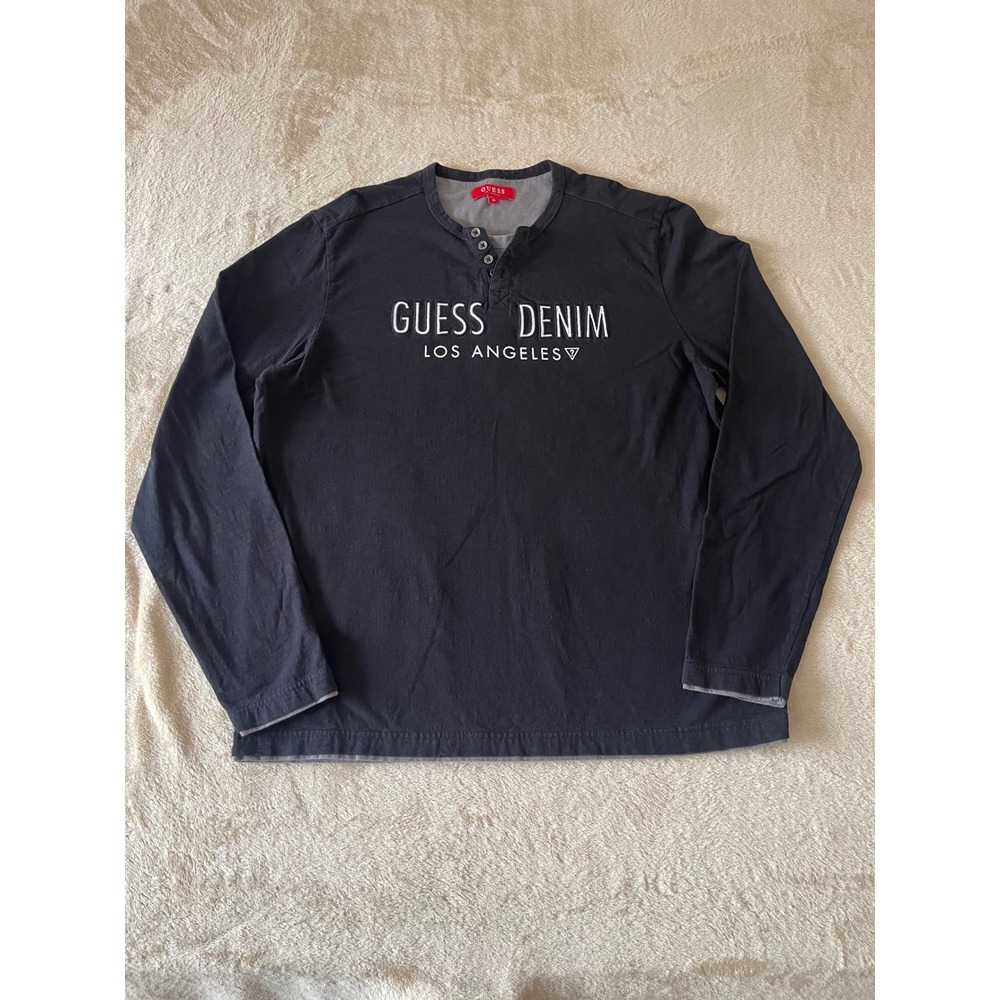 Guess Denim Los Angeles Mens XL Black Henley Long Sleeve Shirt Embroidered Logo